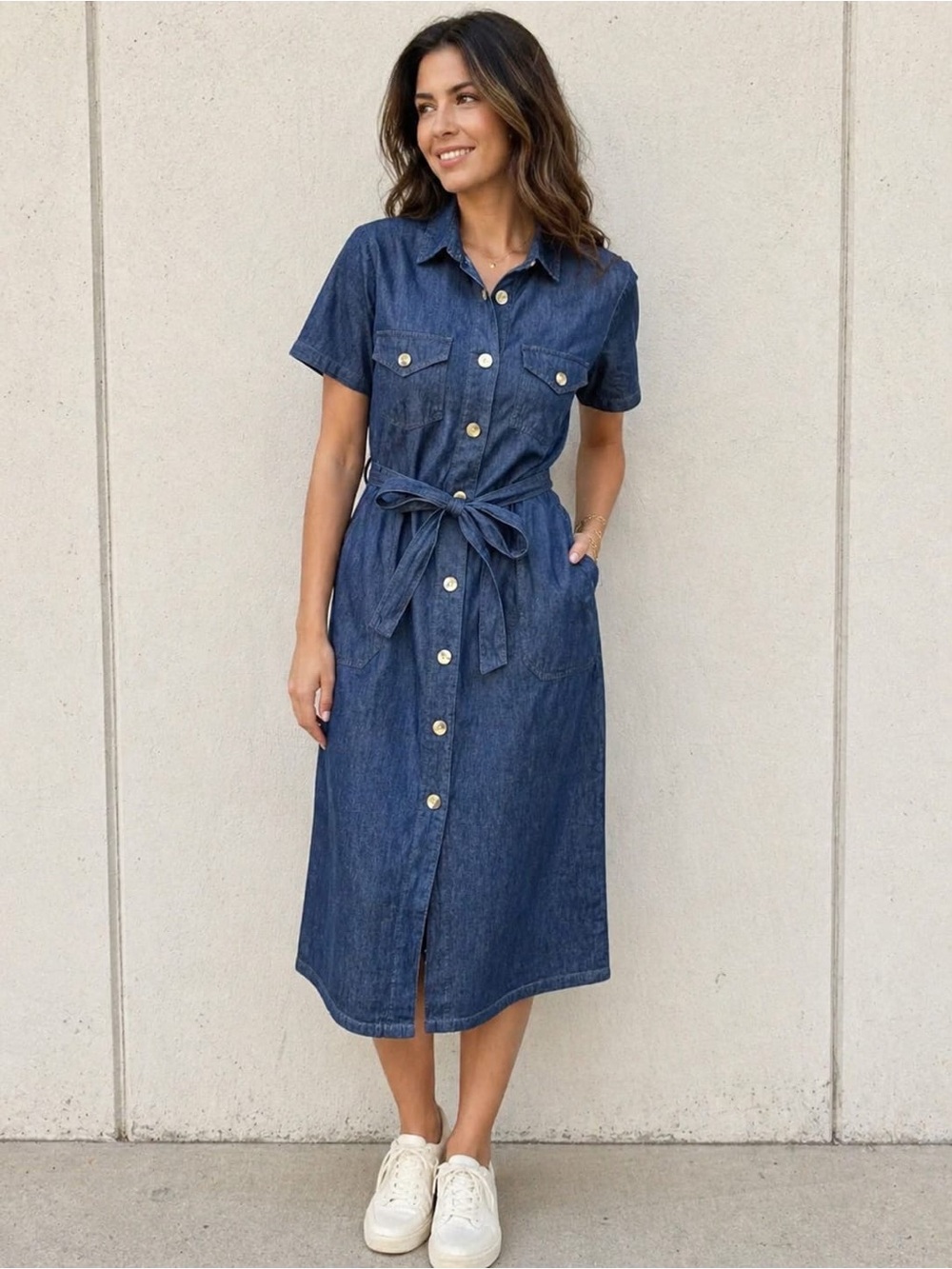 Casual Button-Front Denim Midi Dress with Self-Tie Waist in Dark Blue